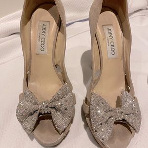 Jimmy Choo Suede Talva Crystal Embellished Bow Peep Toe Pumps